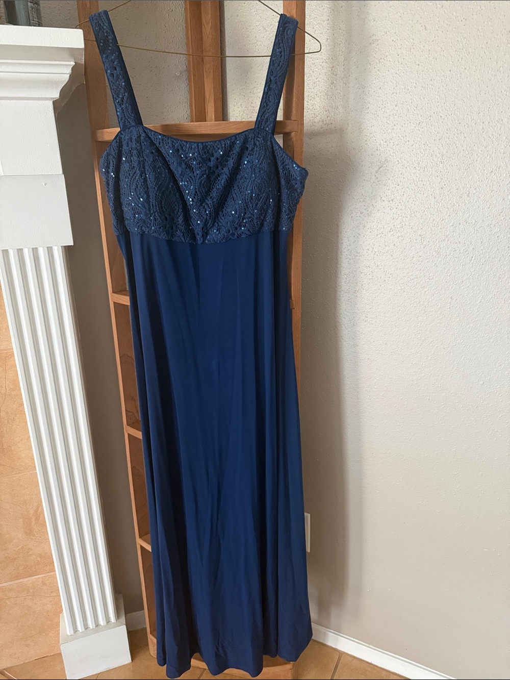 R&M Richards Navy Beaded Lace Bodice Maxi Dress